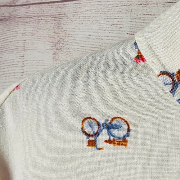 Rae Dunn Women's Linen Bicycle Pattern Button Up Shirt Short Sleeve Collar Large - Picture 8 of 16